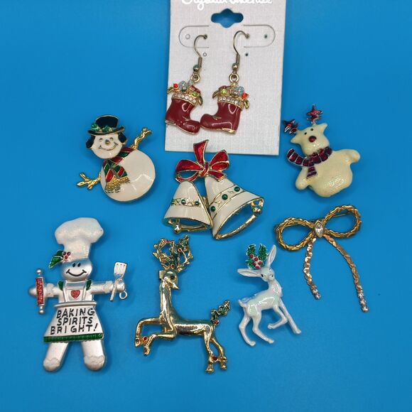 Vintage LOT: JEWELRY Snowman Bell Reindeer Brooches Earrings XMAS is Coming! - Picture 2 of 9